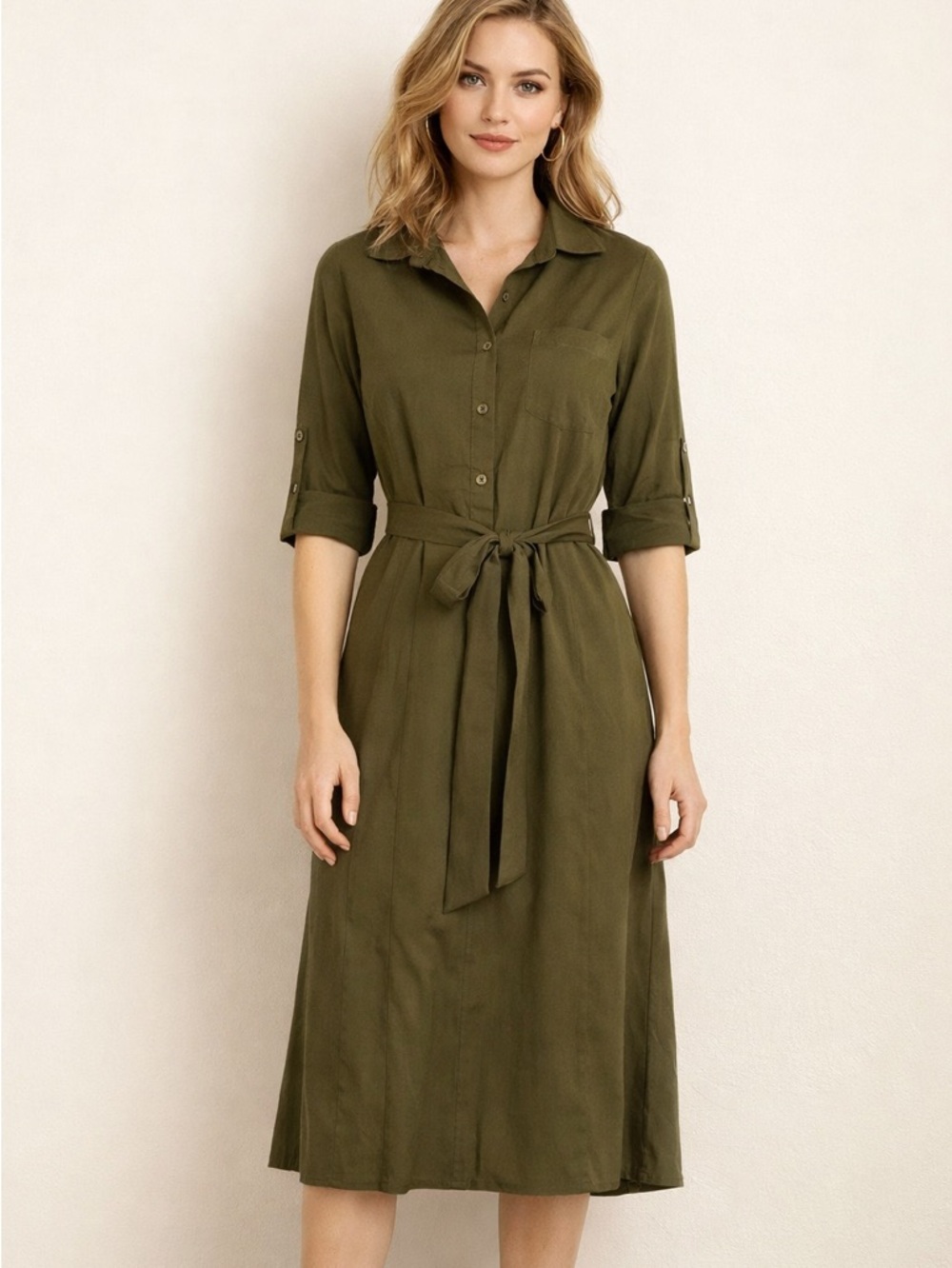 Olive Green Button-Front Shirt Dress with Tie Belt